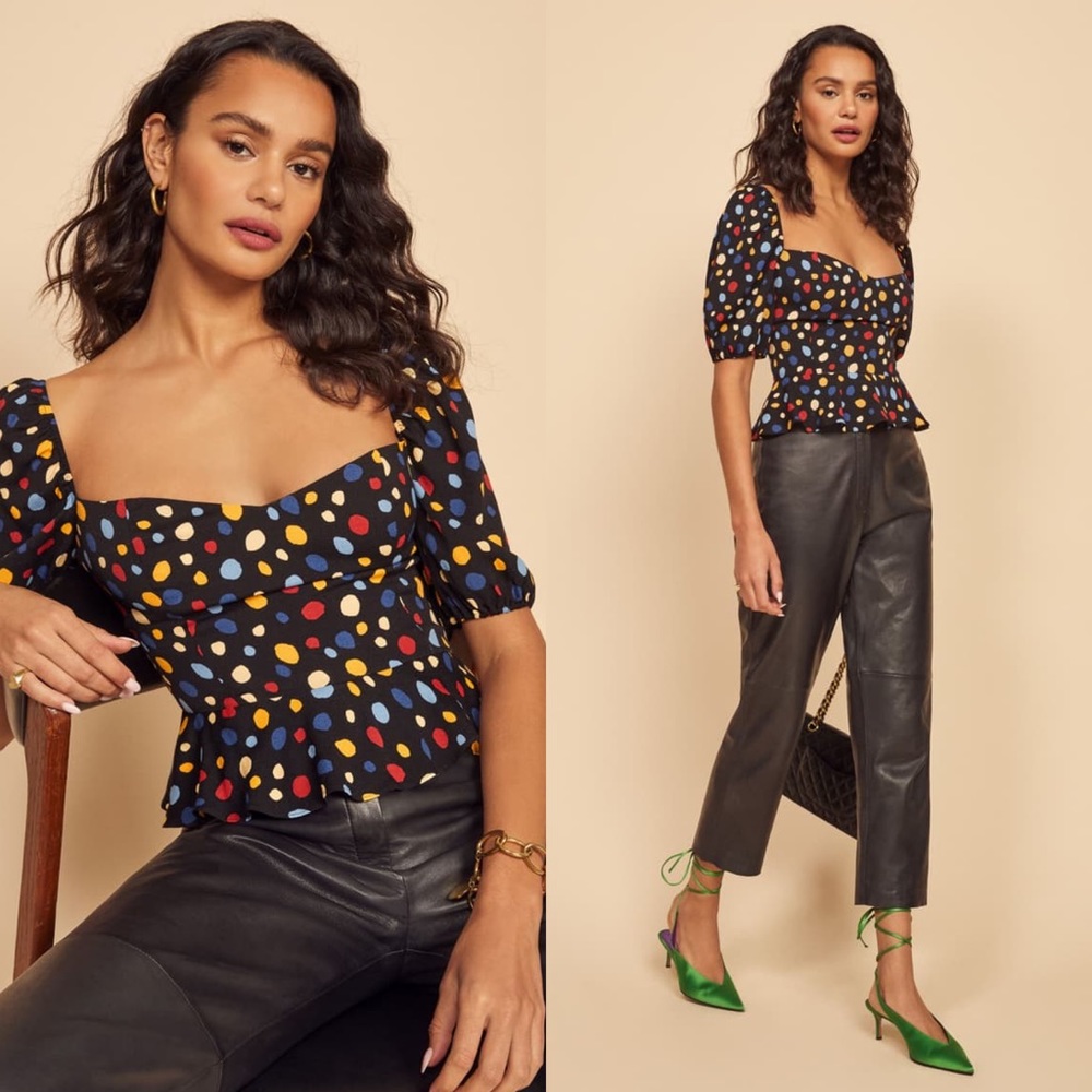 Reformation Black Multicolor Polka Dot Blouse